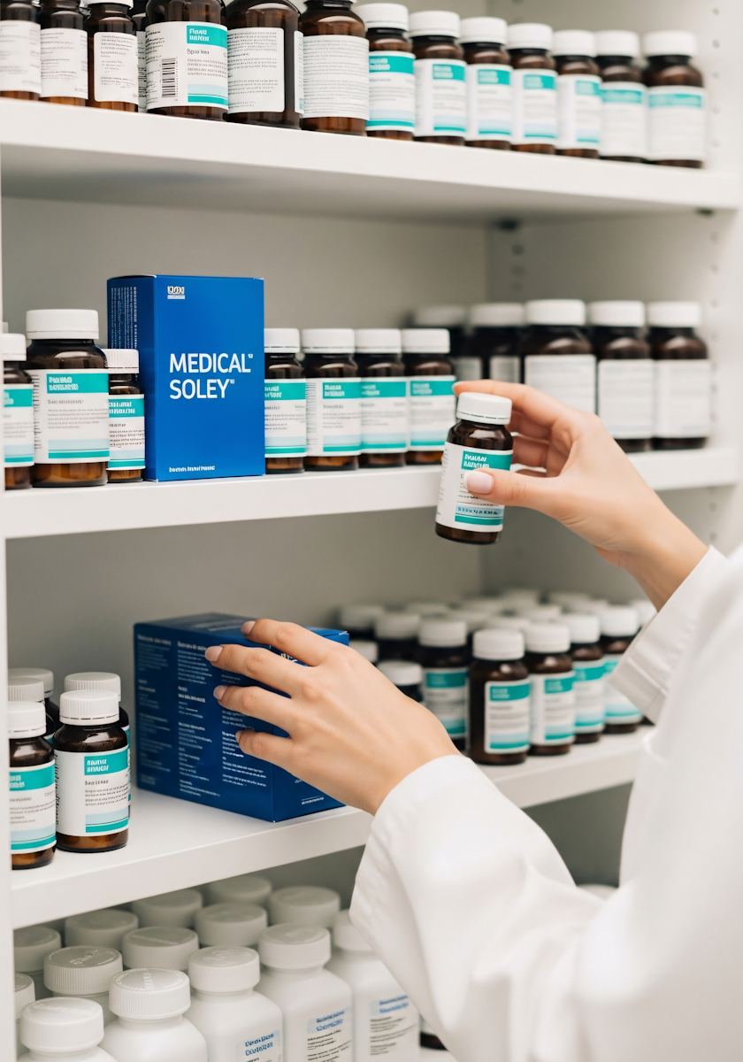Pharmacist organizing medical supplies